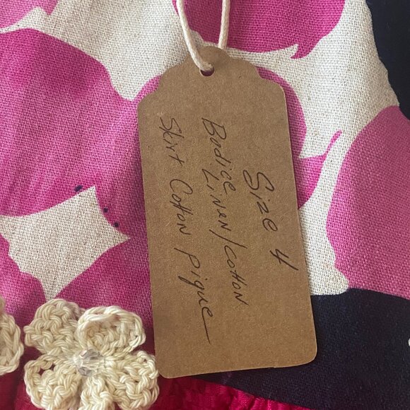 Handmade Children's Linen Cotton Pique Pink Polka Dot Crochet Flowers Dress - Picture 4 of 13